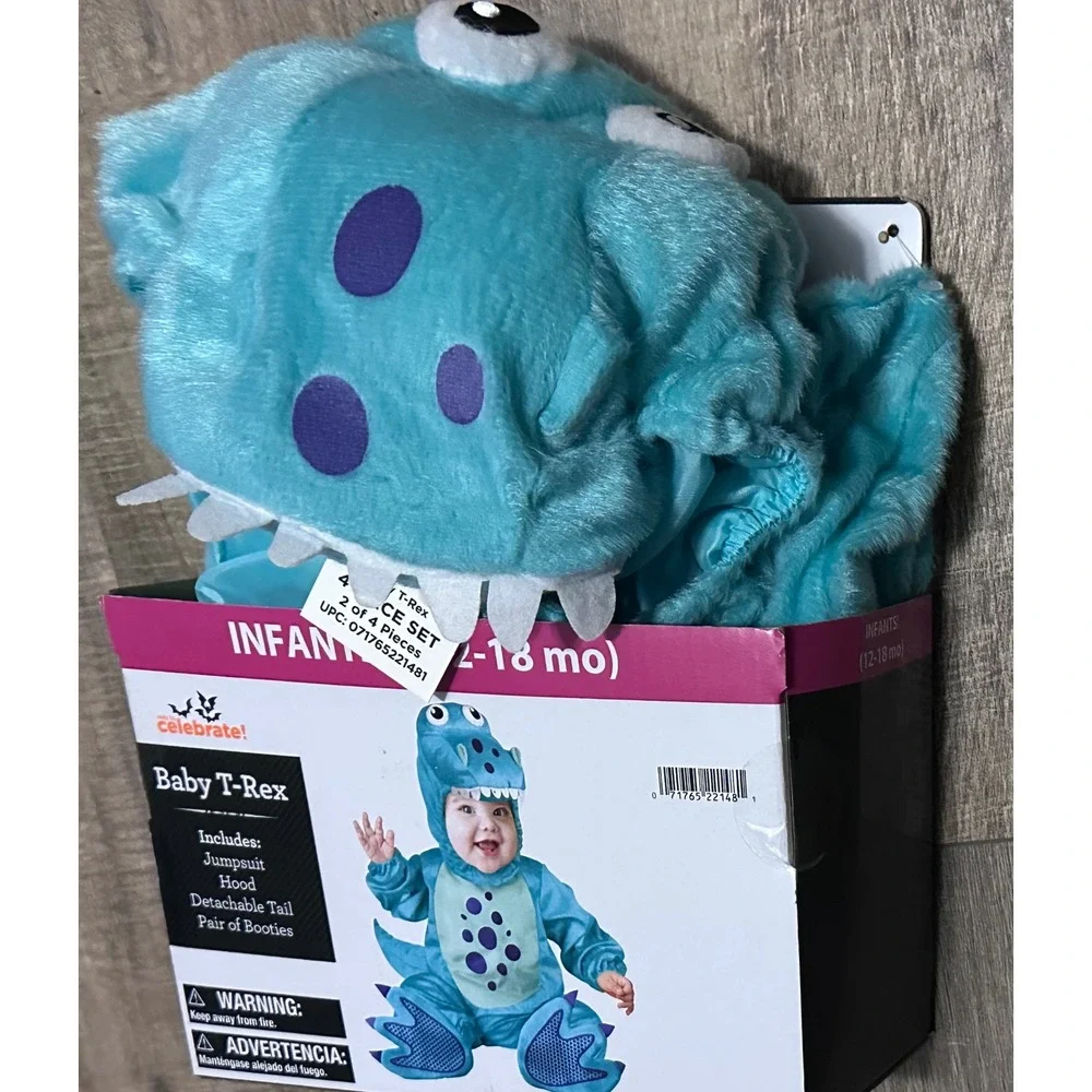 Baby T-Rex Halloween Costume Teal Dinosaur 12-18 Months 4 Piece Set NWT
